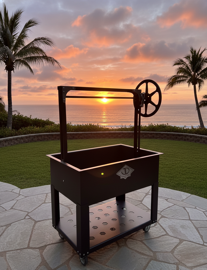 Santa Maria Barbecue grill on a patio with a sunset over the ocean and palm trees in the background