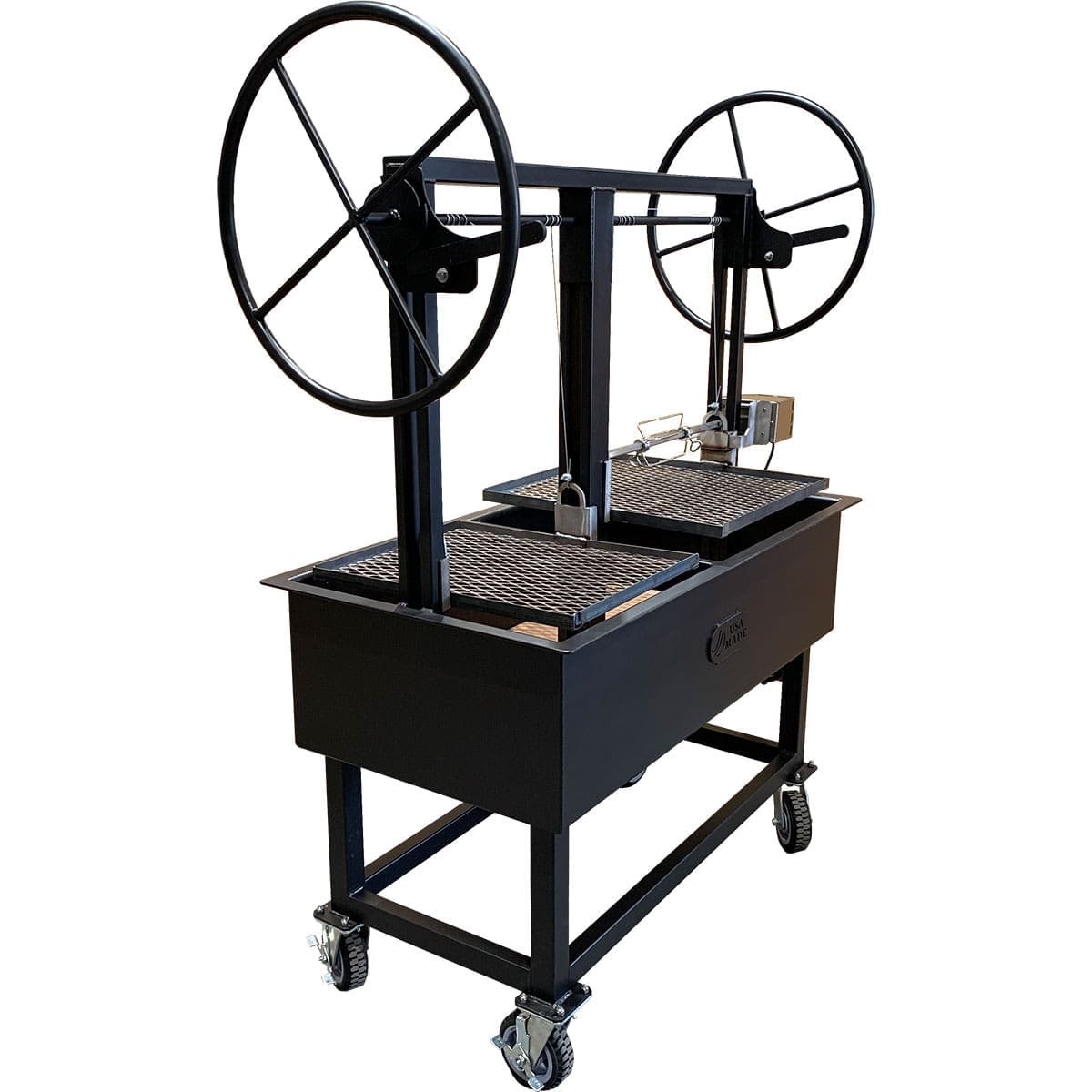 Dual crank Santa Maria Style grill with caster tires and adjustable grates.