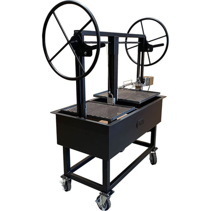 Dual crank Santa Maria Style grill with caster tires and adjustable grates.