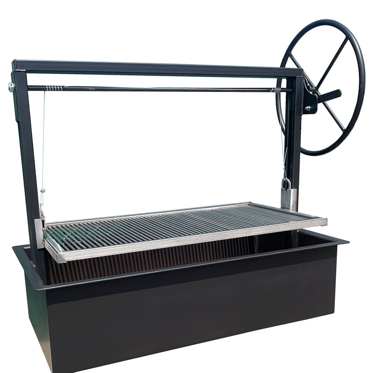 Argentine Gaucho grill with grill grate that lifts up and down.