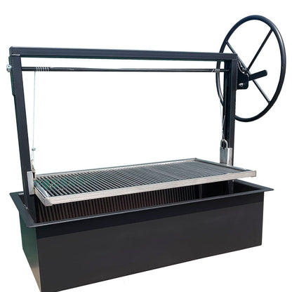Argentine Gaucho grill with grill grate that lifts up and down.