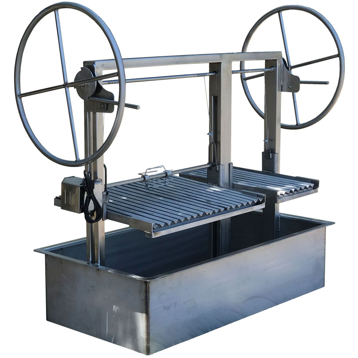 A charcoal grill has adjustable grates to keep food off the fire.