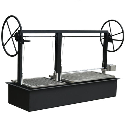 Height adjustable charcoal grill with rotisserie attachment.