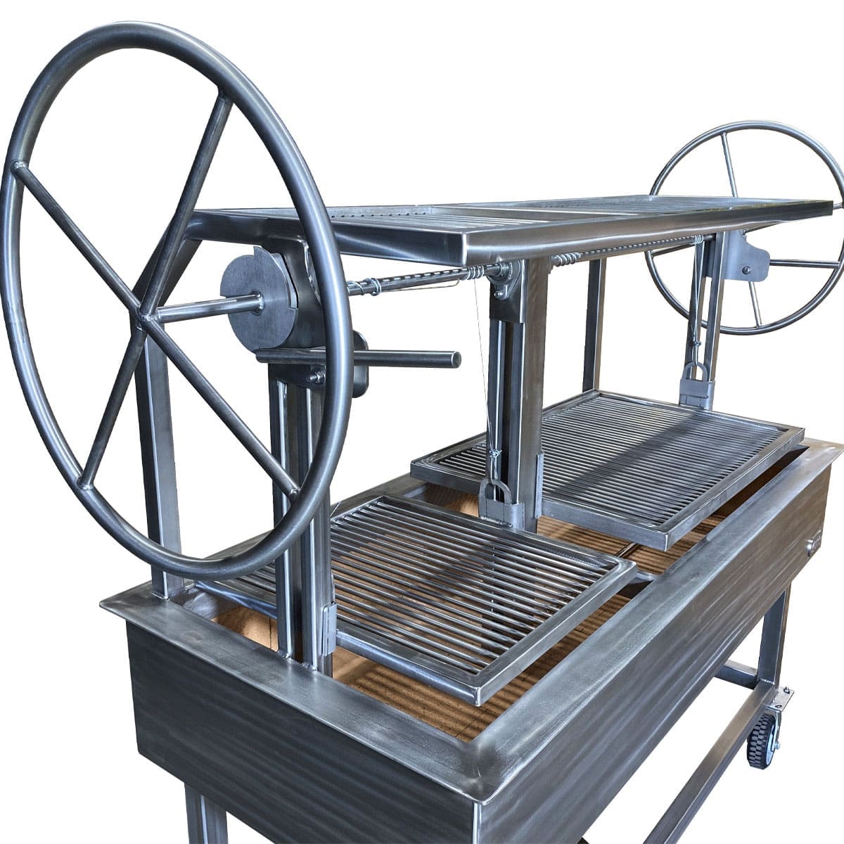 Large grill with grates to cook over wood firebox