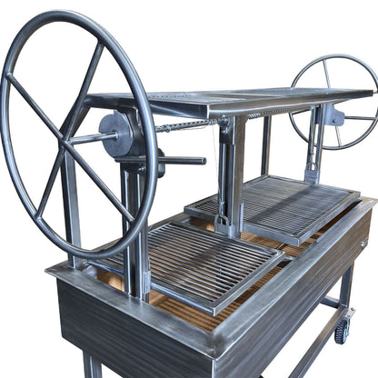 Large grill with grates to cook over wood firebox