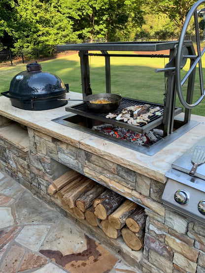 Argentine Grill with Fire cooking shrimp. 
