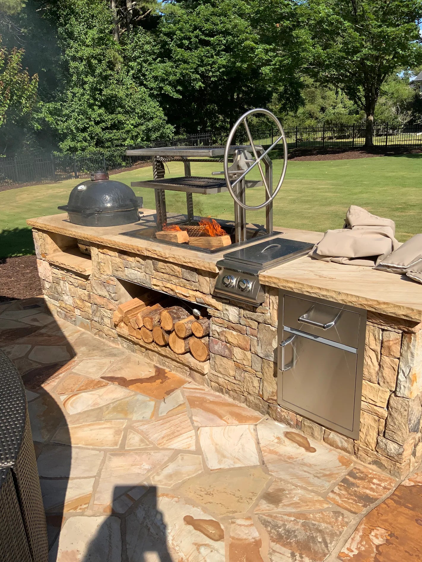 Argentine Grill Frame insert installed in completed outdoor kitchen with masonry. 