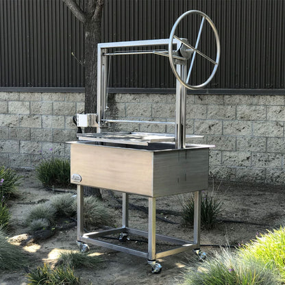 Wood grill with large wheel in all stainless.