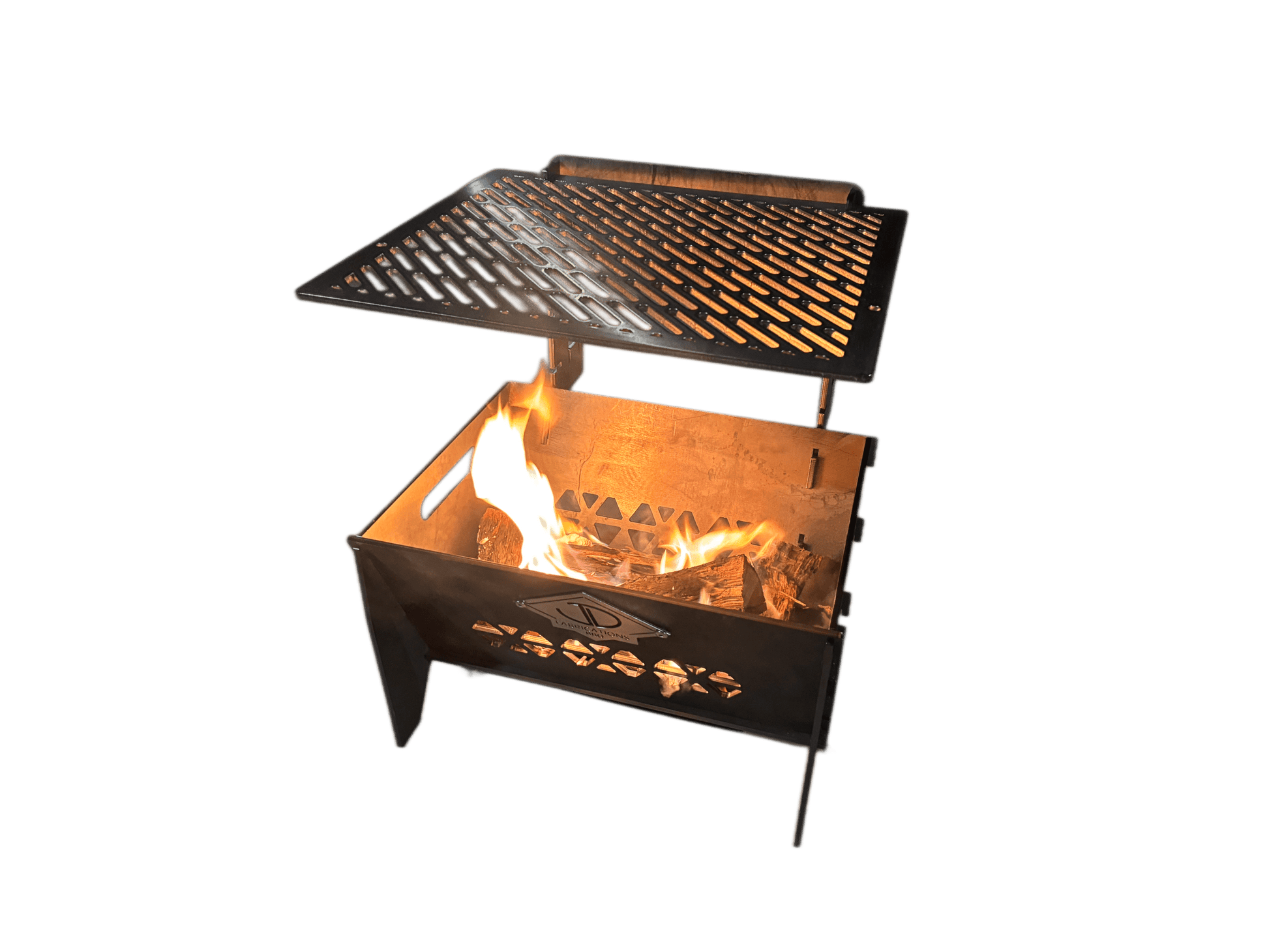 Portable grill with open lid showing flames on a green background