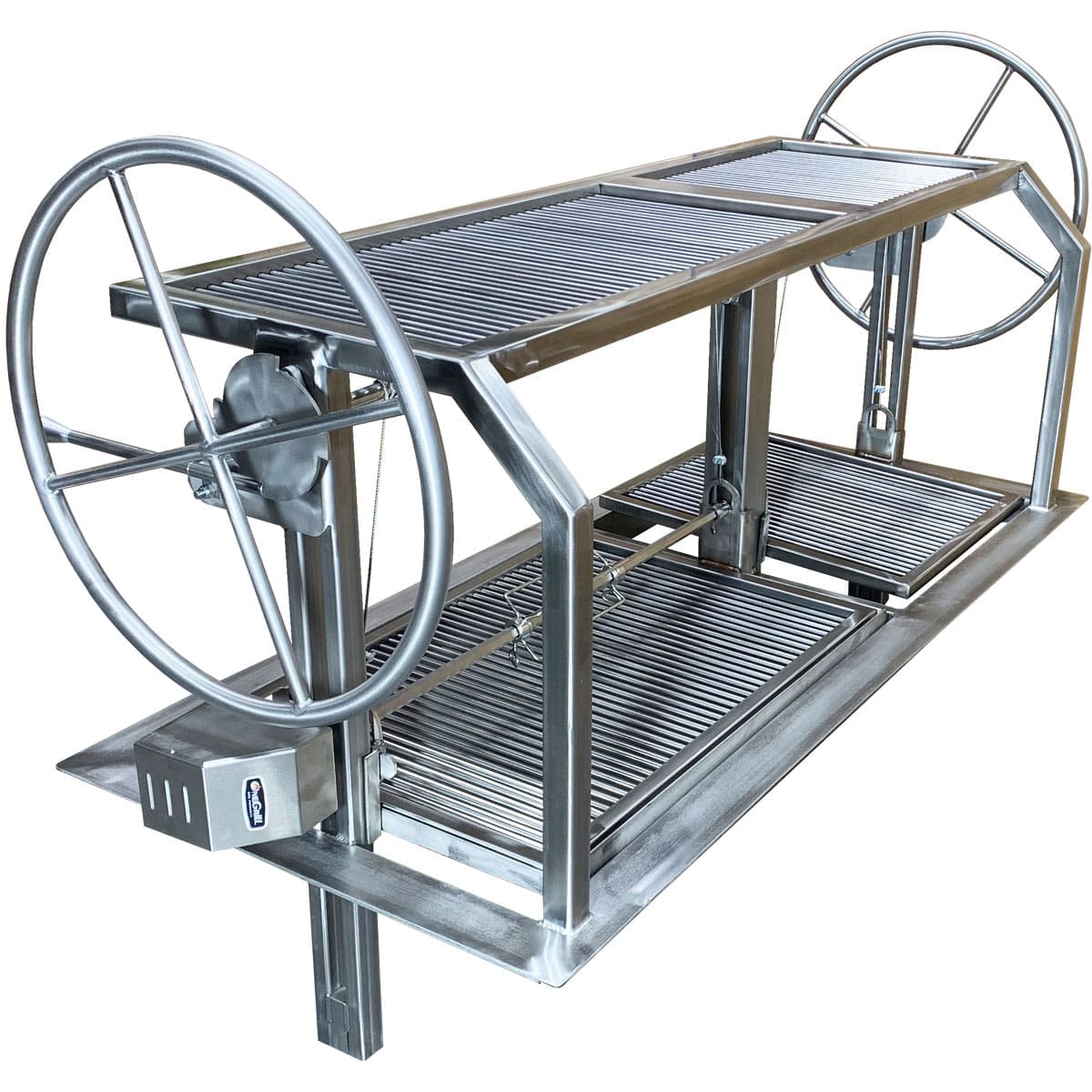 High end stainless grill with upper and lower racks for cooking and finishing steaks