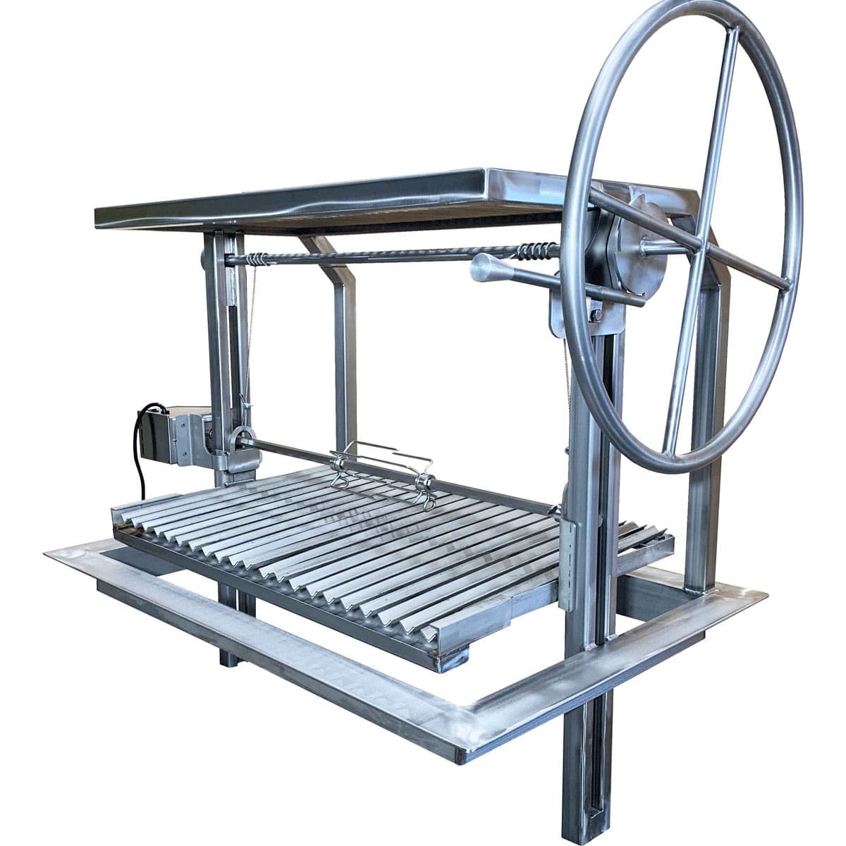 Argentinian inspired stainless dual level grill with aircraft cable grate hoist system and rotisserie.