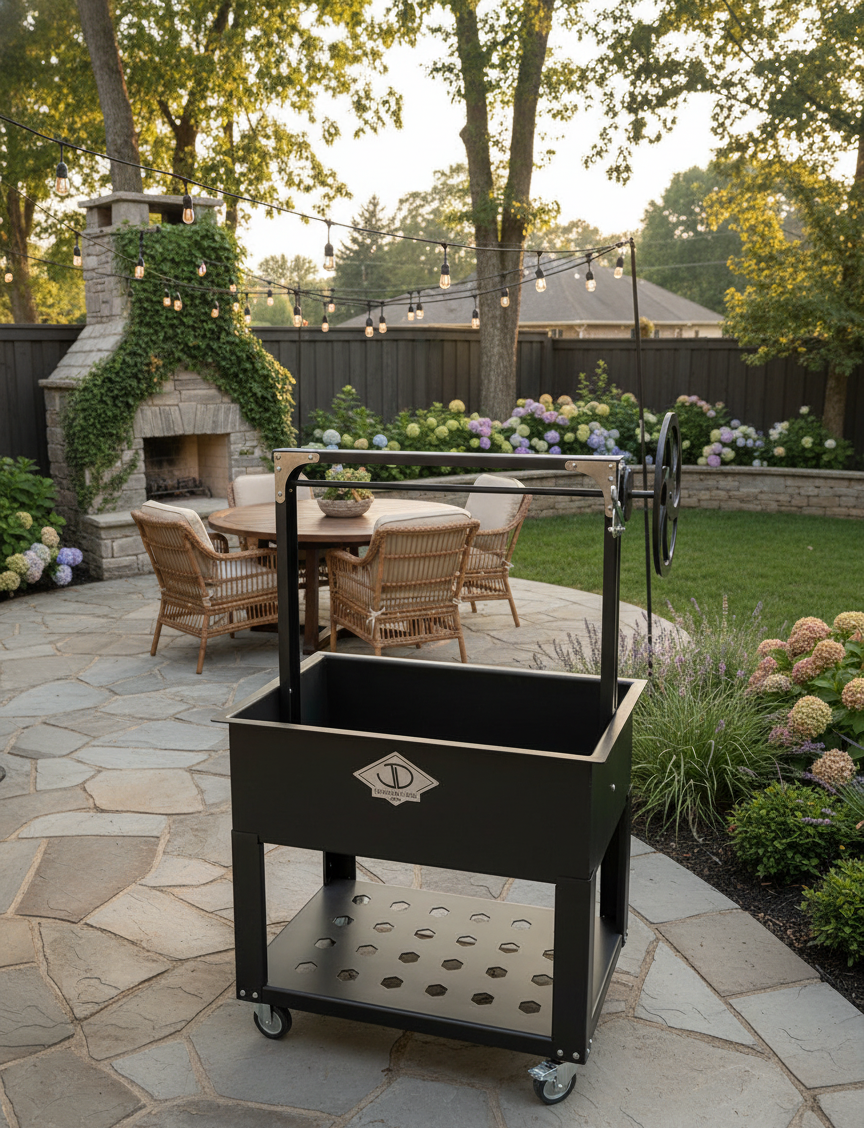 Outdoor patio with a black Santa Maria grill cart, table, and chairs in a garden setting.