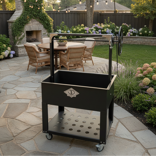 Outdoor patio with a black Santa Maria grill cart, table, and chairs in a garden setting.
