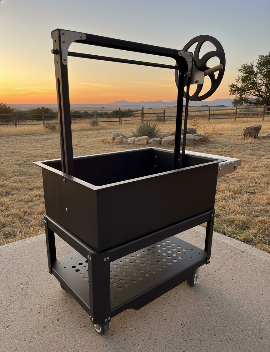 Black Santa Maria grill on a concrete surface with a scenic background of a sunset over a field.