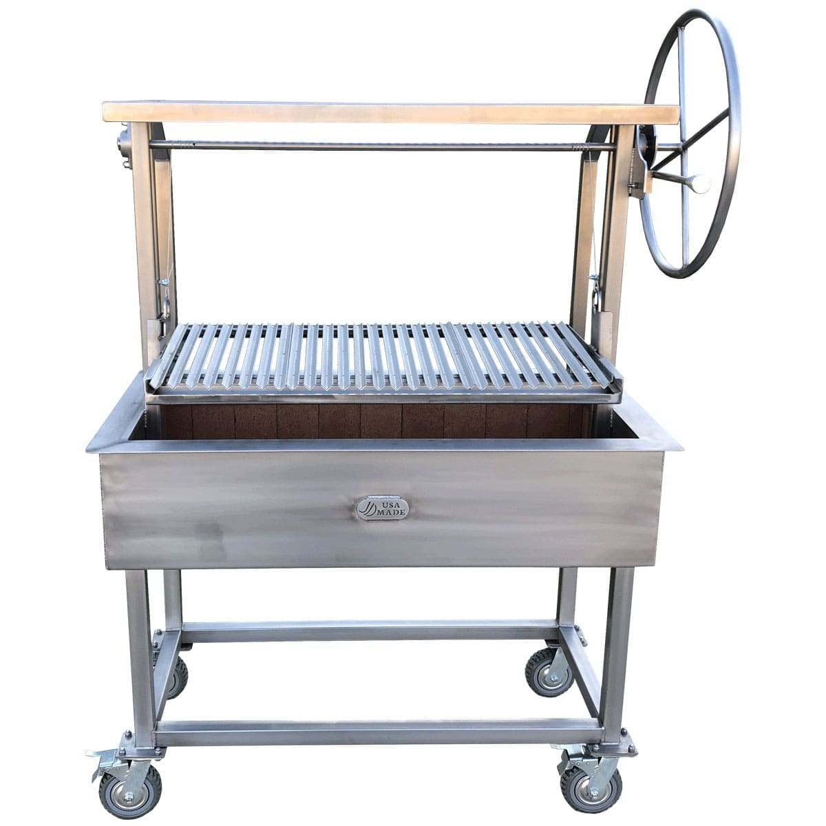 Dual rack stainless steel portable grill with large wheel and rods