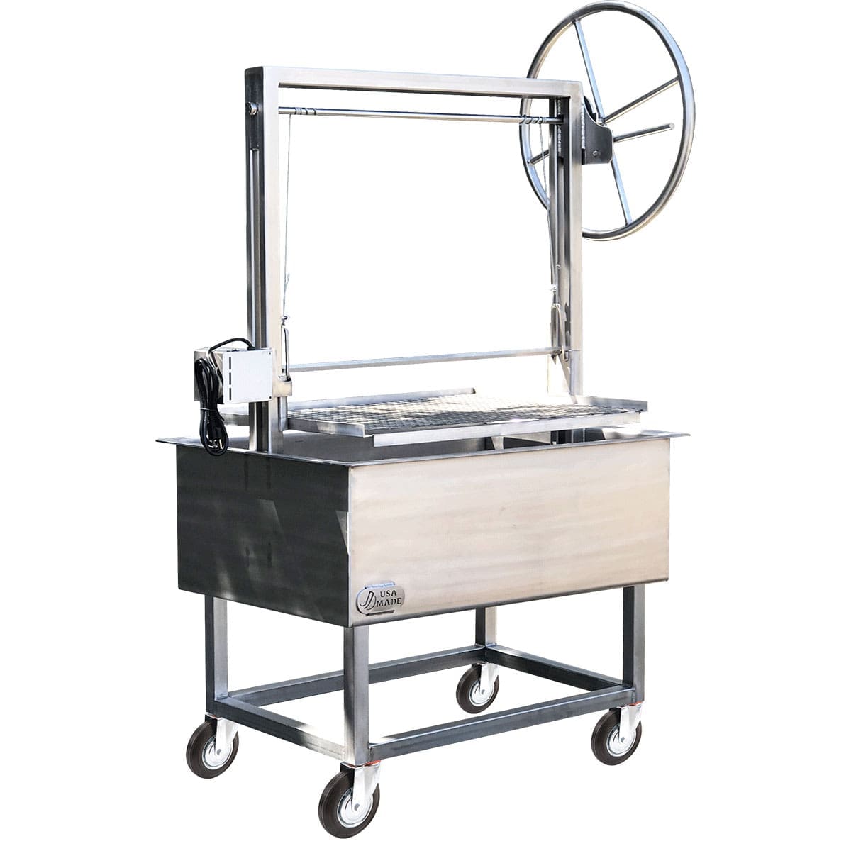 Stainless grill with wheels for charcoal or wood