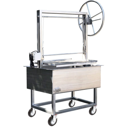 Stainless grill with wheels for charcoal or wood