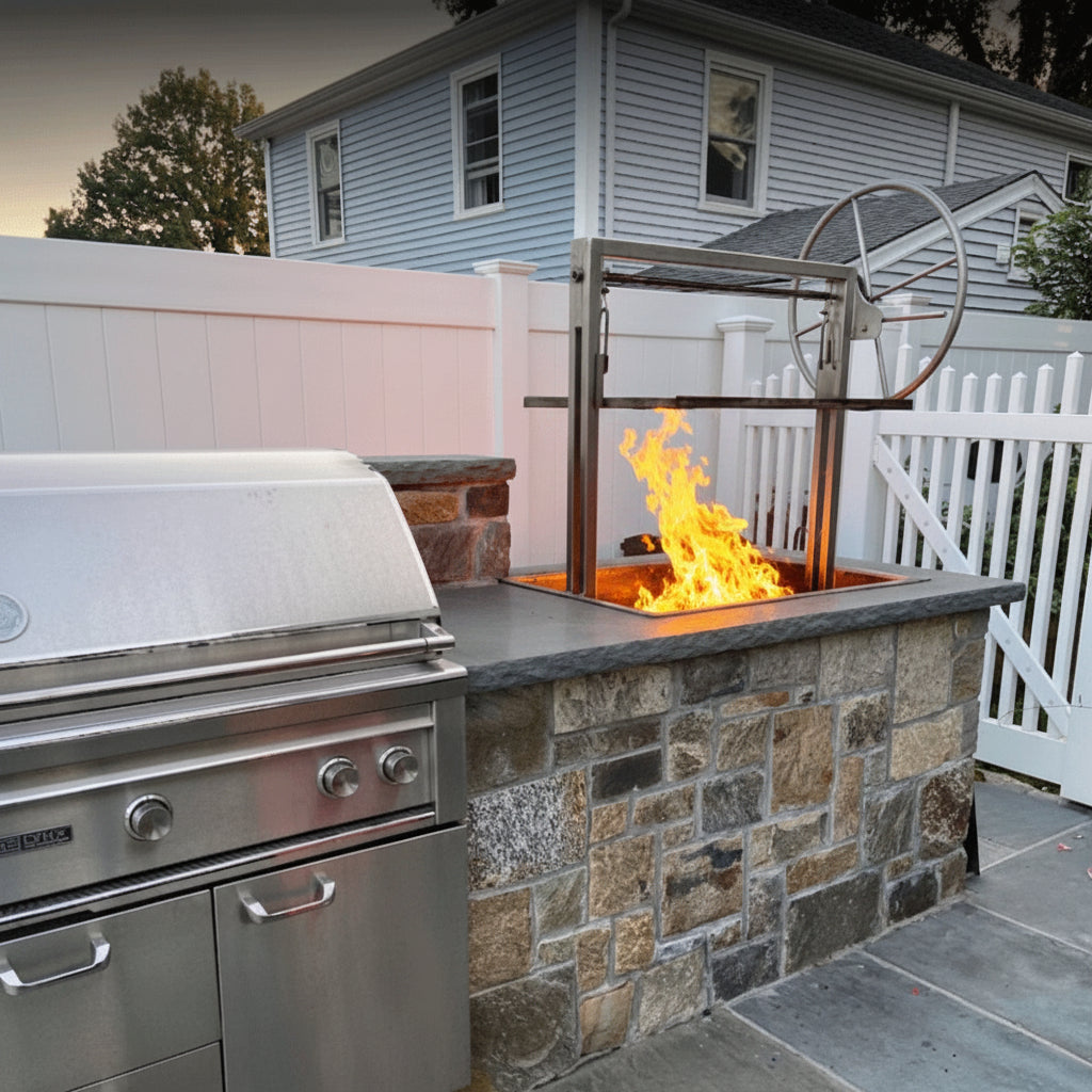 Stainless parrilla with adjustable grill grates for an outdoor kitchen.