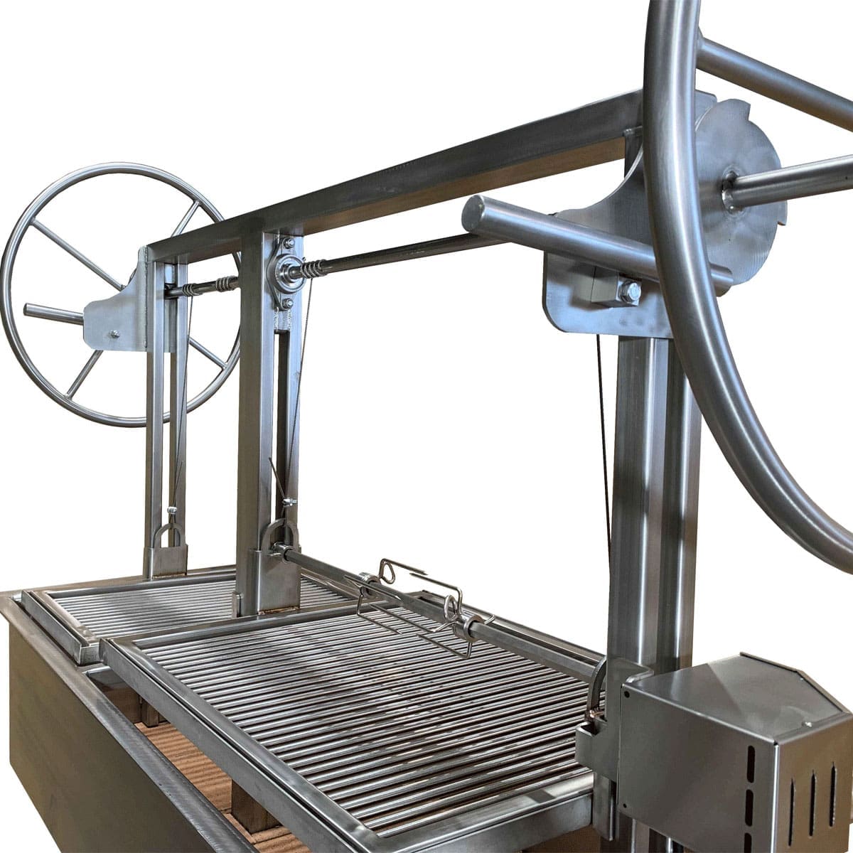 Outdoor grill for bbq island in all stainless with dual racks and rotisserie attachment.