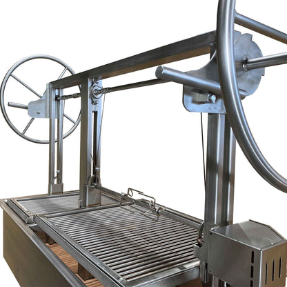 Outdoor grill for bbq island in all stainless with dual racks and rotisserie attachment.