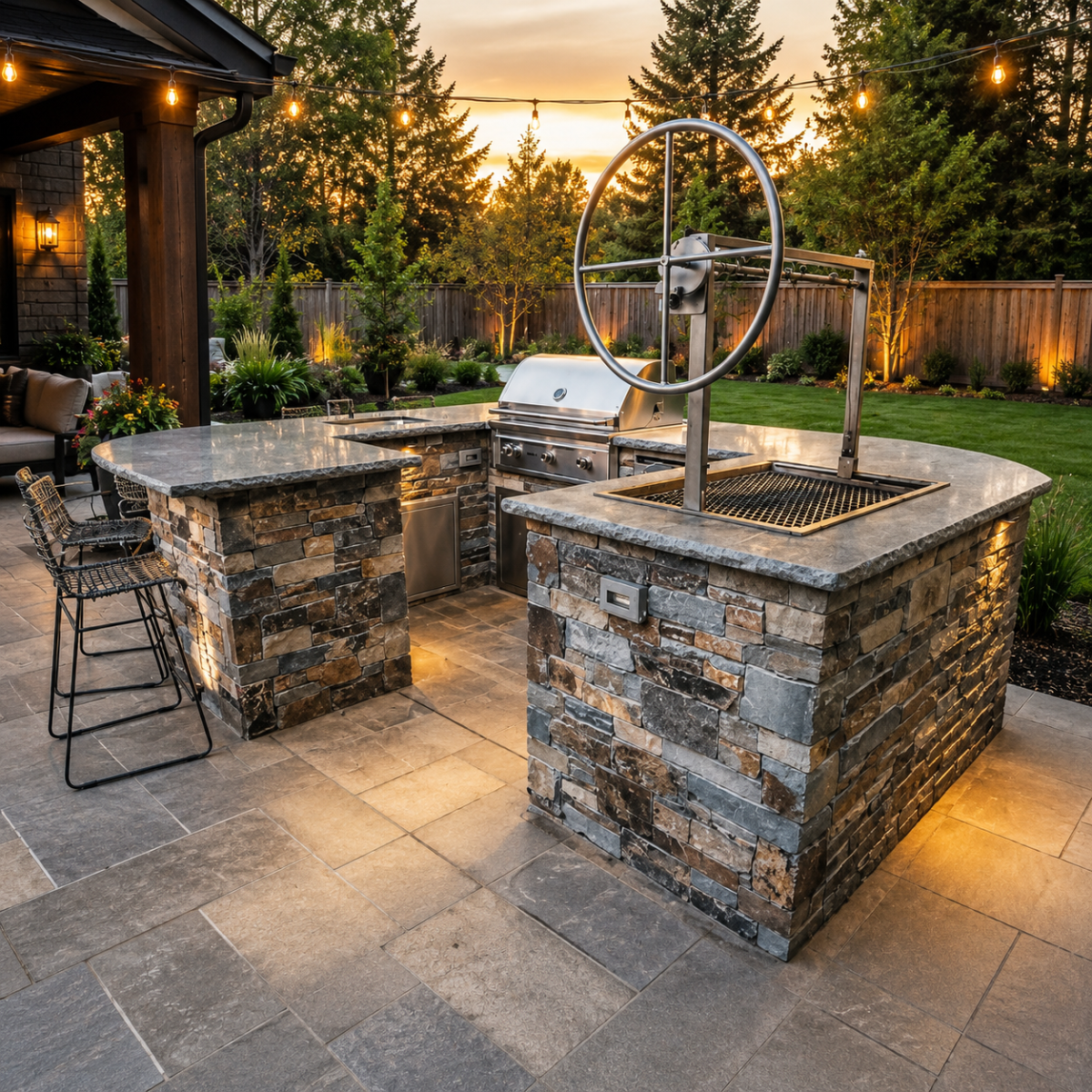 Outdoor kitchen with stone counter and grill area in a backyard setting.