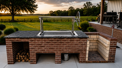Outdoor brick barbecue grill with sunset in the background