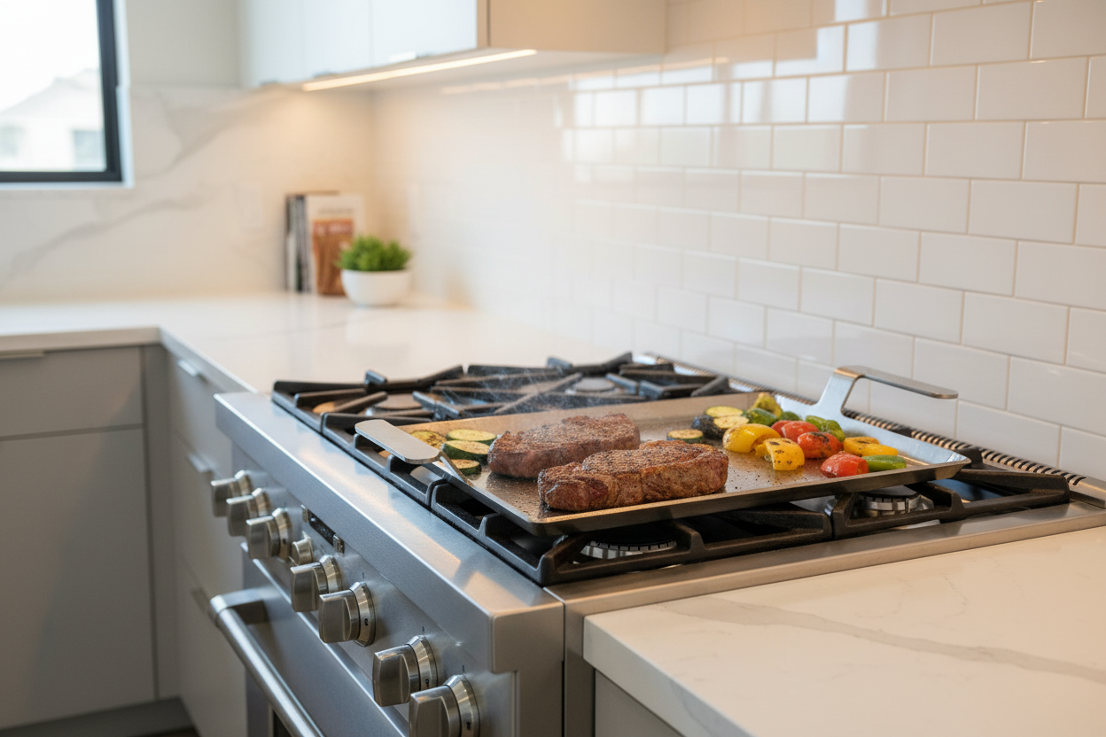 Stainless griddle with handles for kitchen range