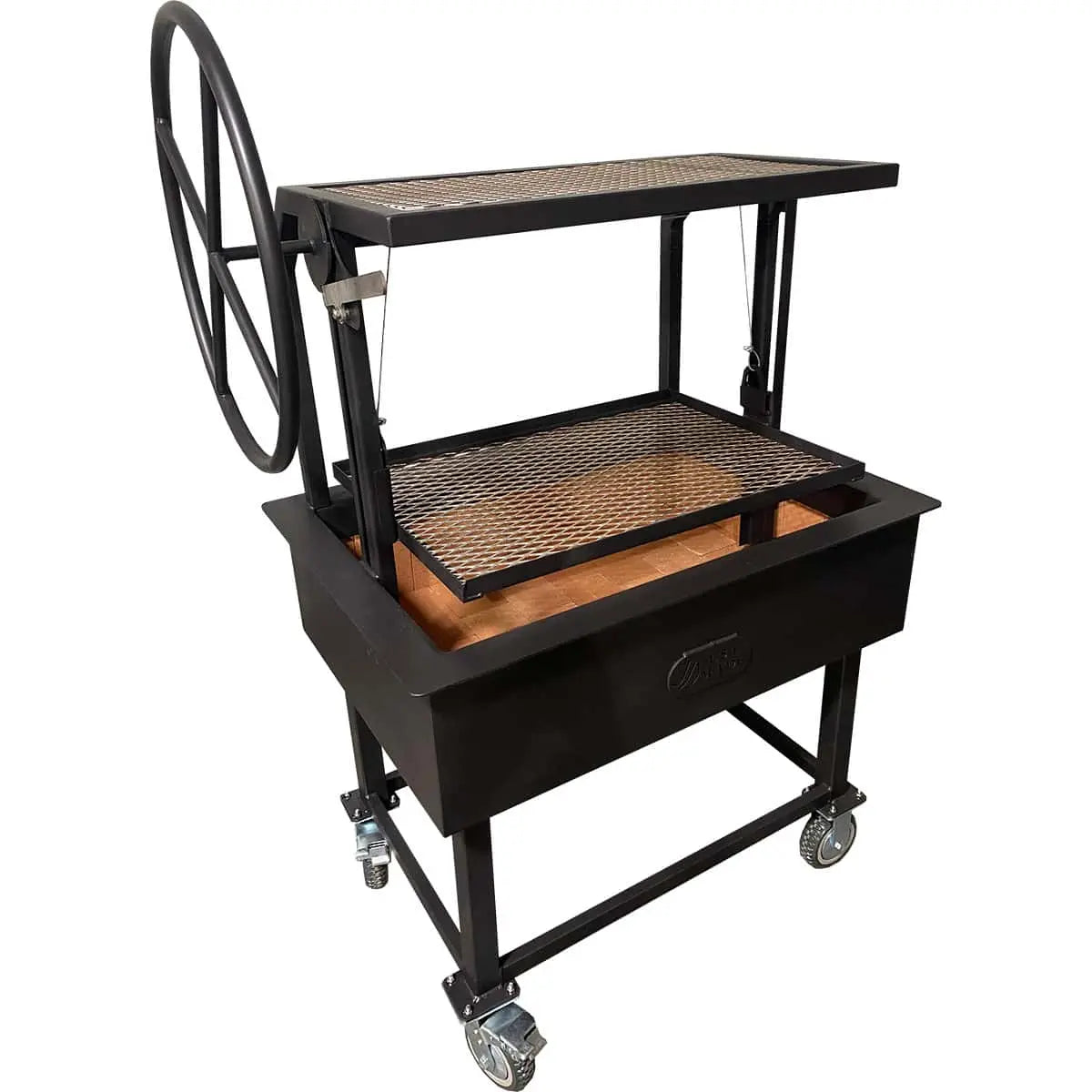 Portable Steel Argentine Grill with top warming rack and steel construction.