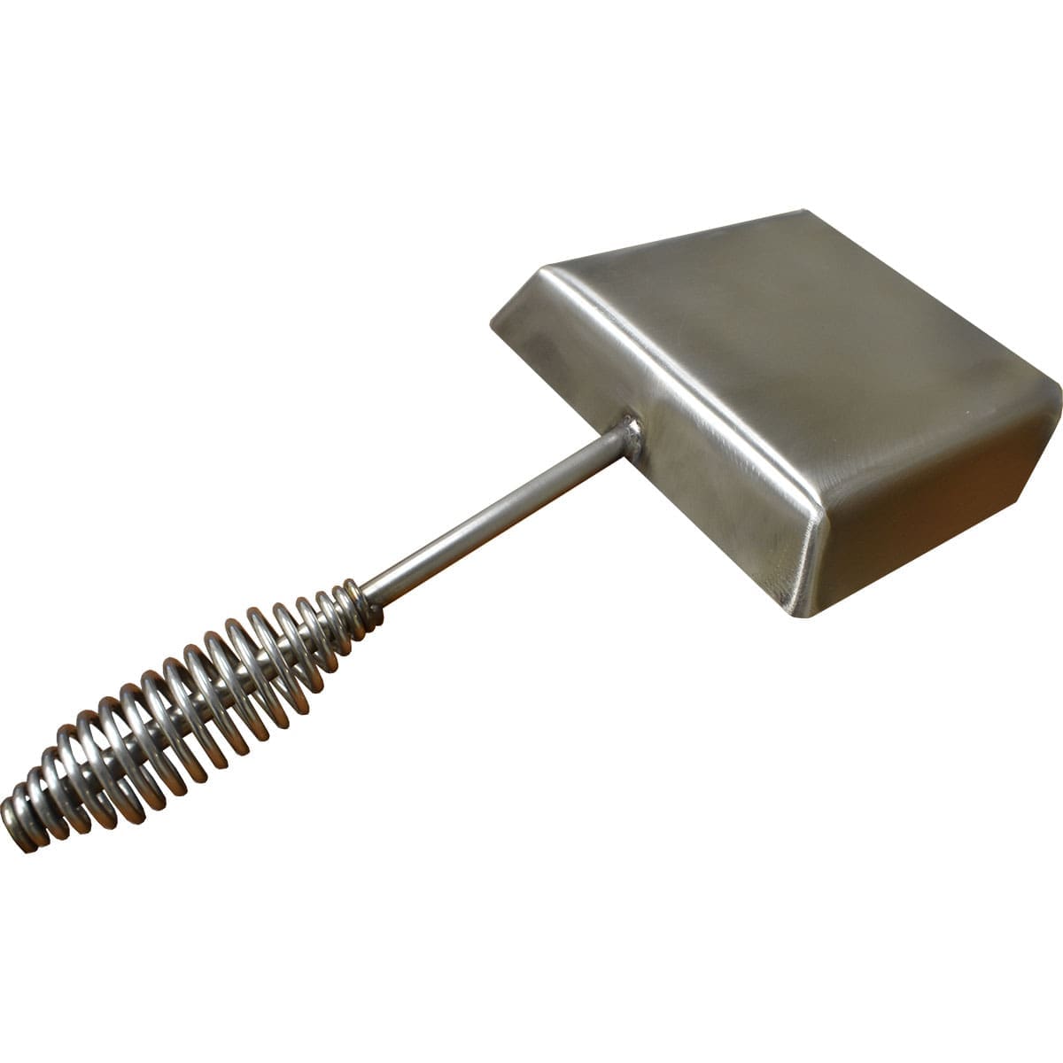 Stainless steel flathead shovel for scooping ash from a grill or fireplace.